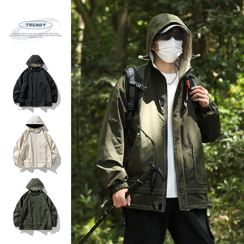 工装冲锋衣外套男士春秋季户外休闲2025新款连帽夹克情侣登山服女