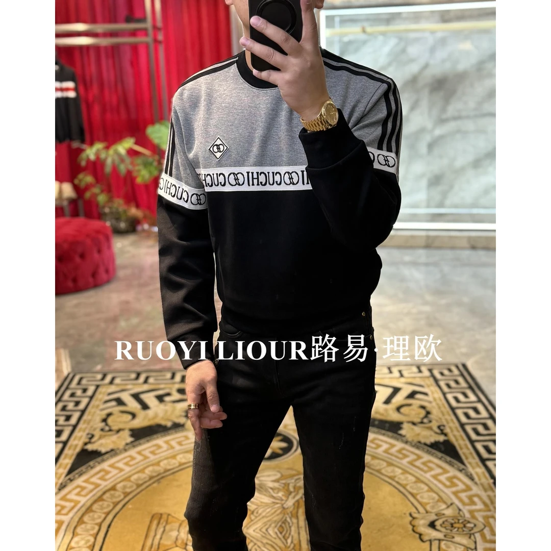 【路易理欧】潮流男欧货时尚简约印花字母标拼接色秋冬卫衣6055