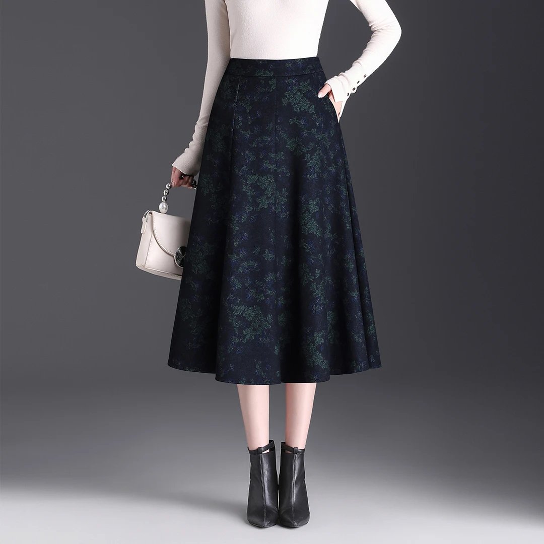 印花半身裙女高腰中长款A字裙垂感显瘦大摆裙秋季裙子优雅百褶裙