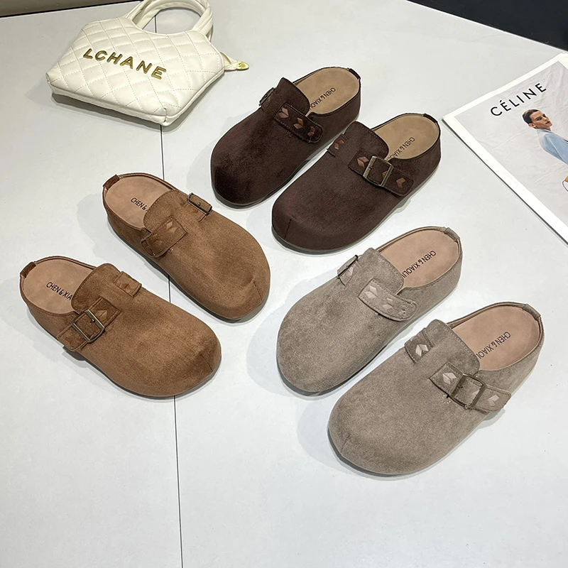 编码搭扣休闲风纯色金属皮带扣包头拖低跟包头款韩版