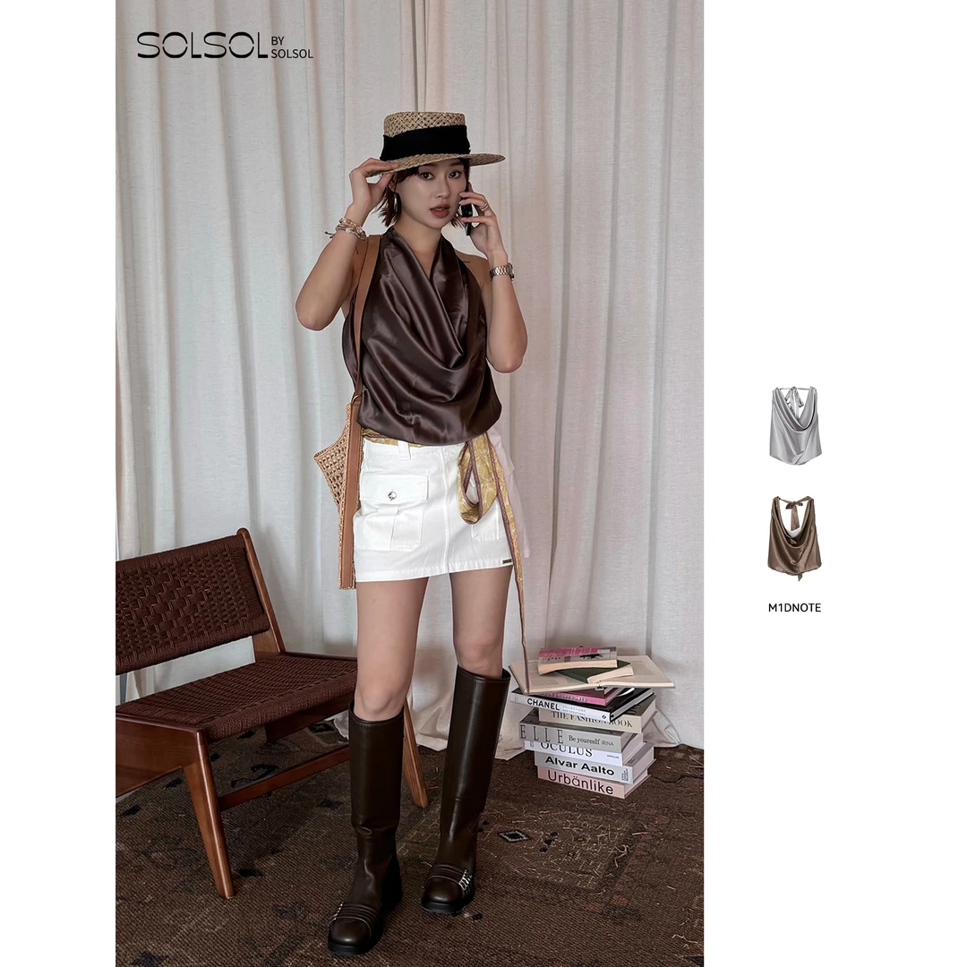 M1DNOTE小众设计师品牌25春夏丝缎材质荡领露背挂脖上衣SOLSOL