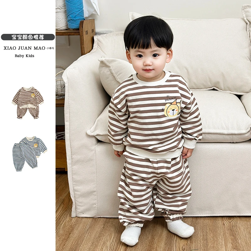 T25C30春秋季洋气百搭休闲简约外出服男女童条纹上衣百搭长裤套装