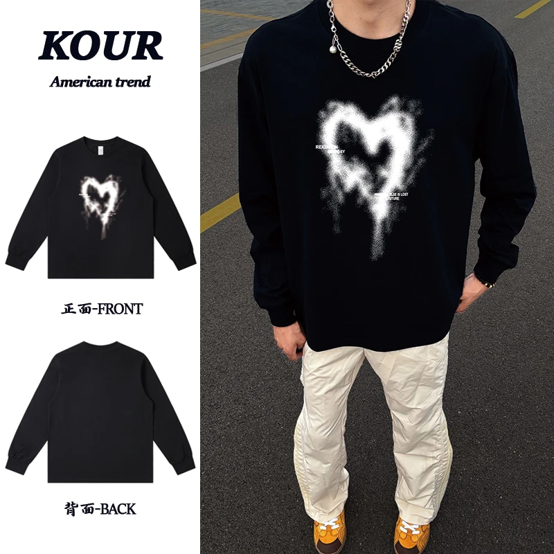 美式高街复古雾点爱心印花上衣重磅纯棉宽松百搭圆领落肩长袖T恤