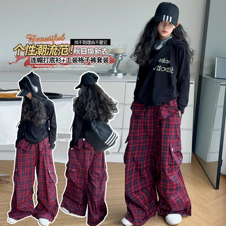 套装韩版秋季印花女童中大童阔腿连帽宽松潮流格子裤洋气百搭束脚