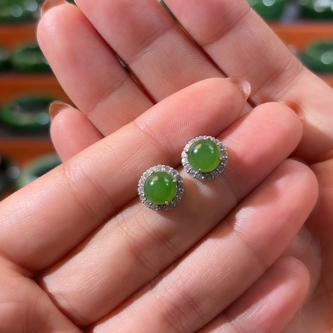 和田玉（碧玉）银S925镶嵌耳饰