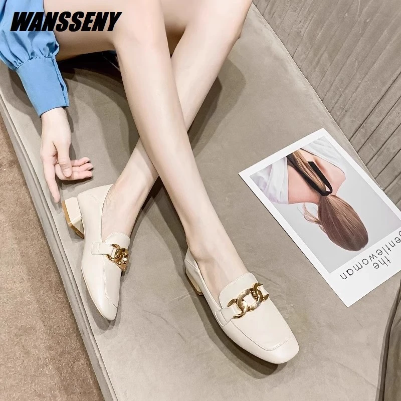 WANSSENY2025年真皮方头两穿粗跟乐福鞋百搭白色中跟英伦风皮鞋女
