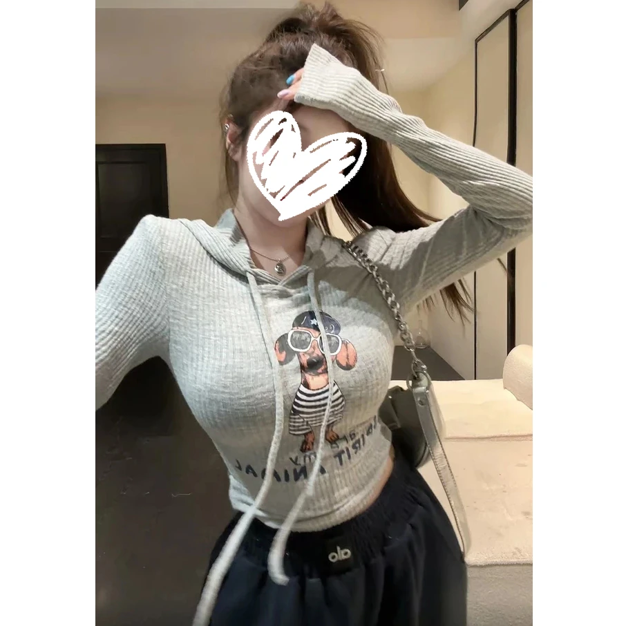 韩版2025早秋新款美式辣妹休闲显瘦连帽设计感动漫印花T恤上衣女