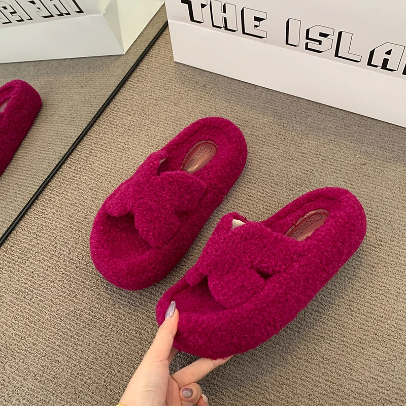 2025新款复古圆头平底毛毛拖鞋女款百搭时尚舒适气质低跟厚底