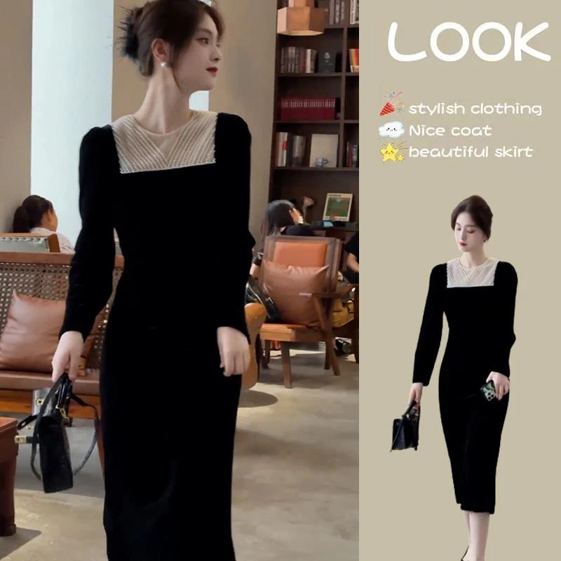 2025秋季新款长裙黑色丝绒连衣裙赫本风气质高级感长袖打底裙子女