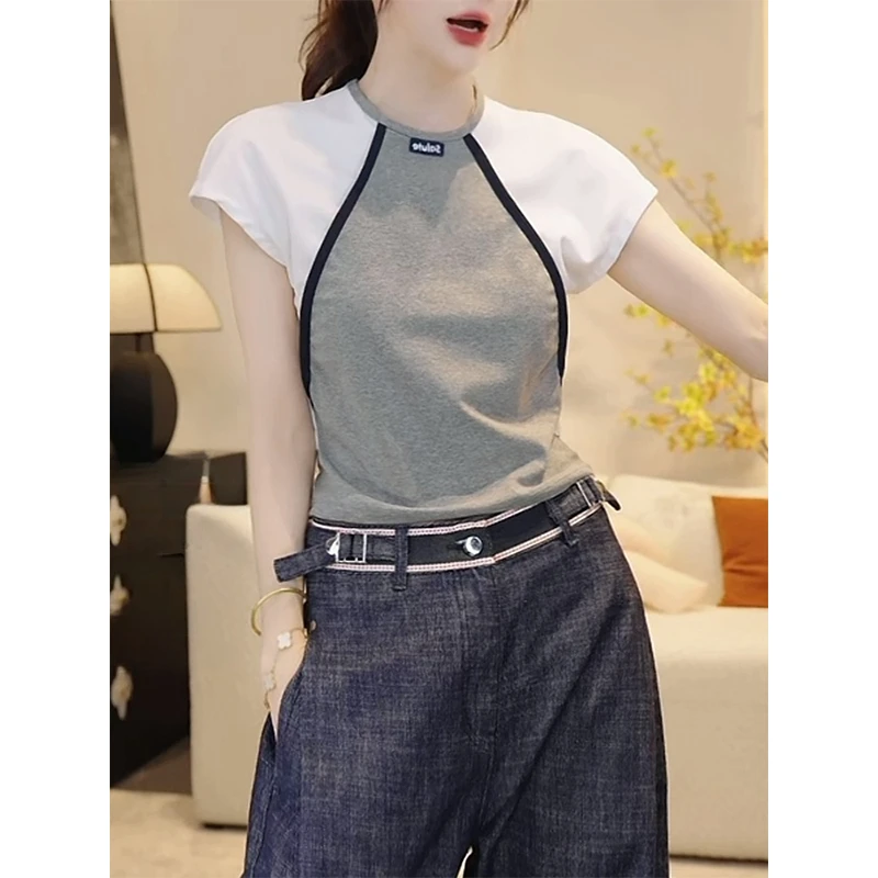 高级感杏拼黑 视觉显瘦短款针织短袖女2025新款修身薄款T恤撞色