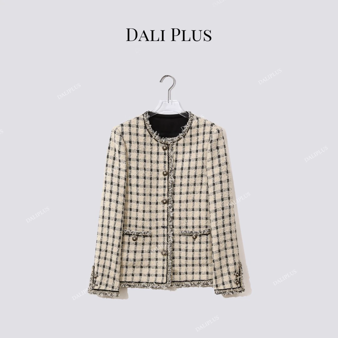 DALI PLUS经典黑白格纹质感小香风短款秋冬呢外套-D5TY0121