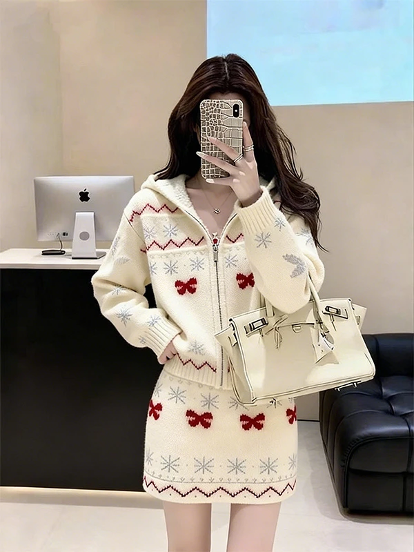韩系一整套深冬穿搭小香风趣味费尔岛印花针织衫开衫毛衣套装裙女