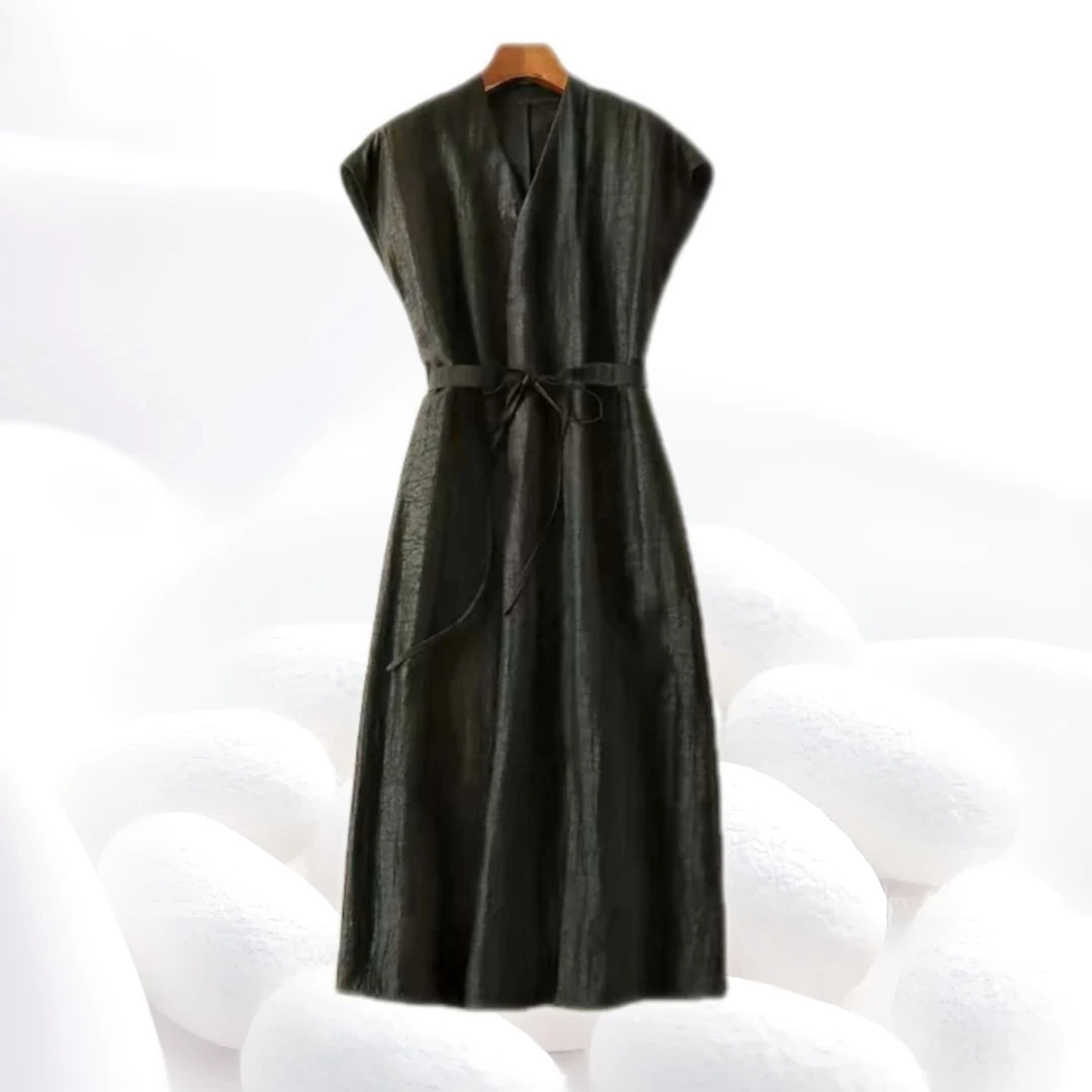 【100%桑蚕丝V领赫本黑龟连衣裙】香云纱赫本风连肩袖长裙子hjL001