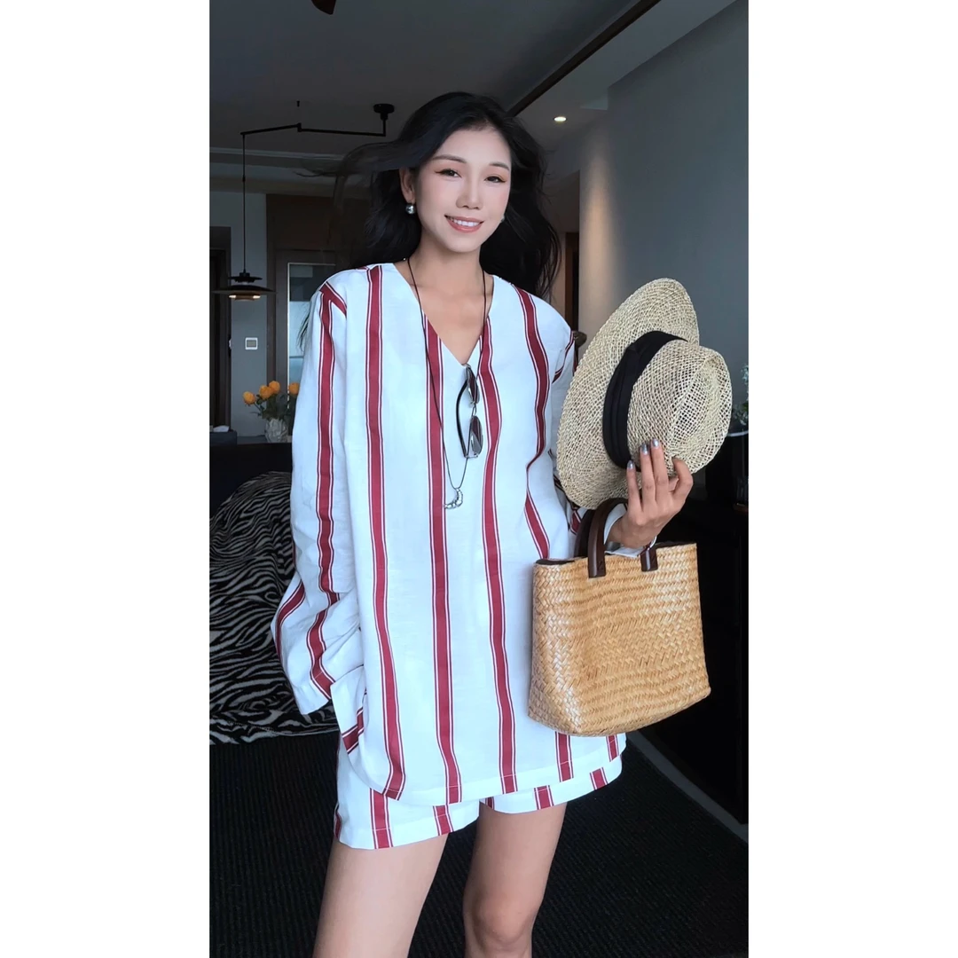 设计师款夏季慵懒风条纹亚麻衬衫套装显瘦宽松两件套