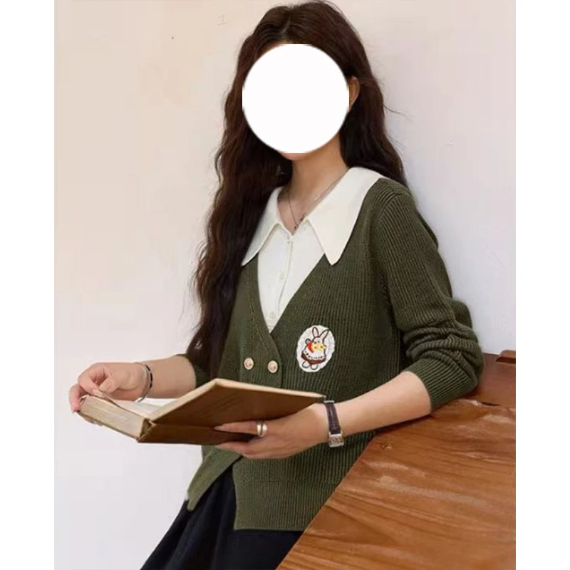 韩系学院风假两件长袖针织开衫女秋冬大码女装胖MM设计感小众上衣