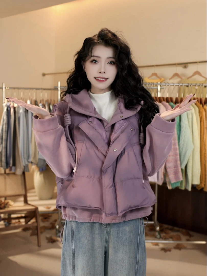 韩版简约连帽宽松加绒卫衣+叠穿马甲两件套8940