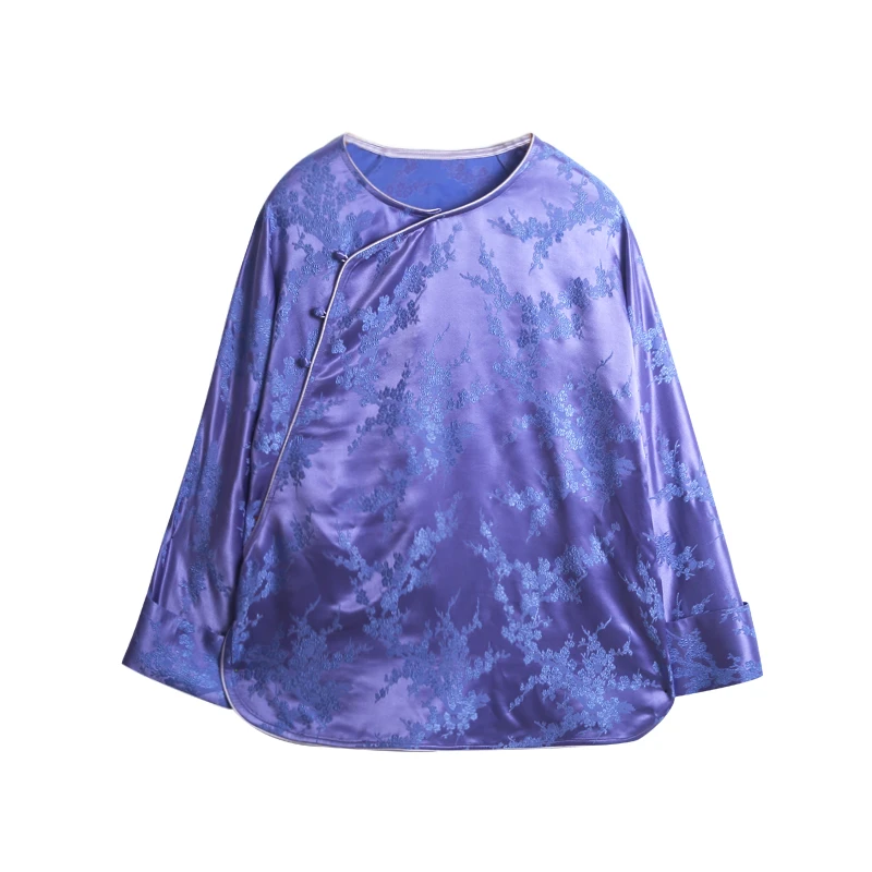 25姆米梅花纹满桑套花冠乐绉香云纱圆领兰襟长袖衬衣12364-41-42