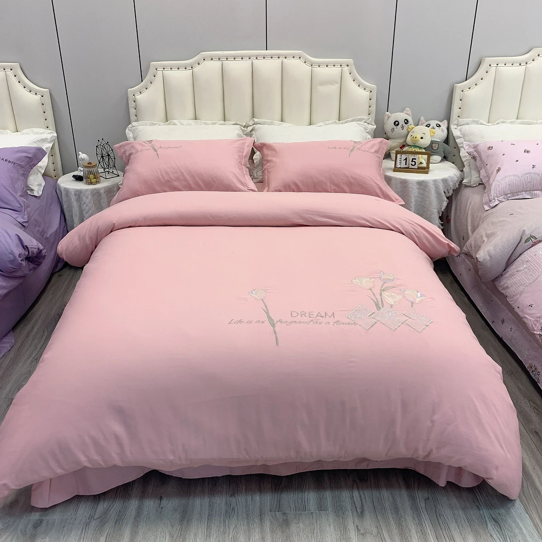 雪京  现货 新款 四季款纯棉全棉四件套 纯色绣花床上用品 亲肤