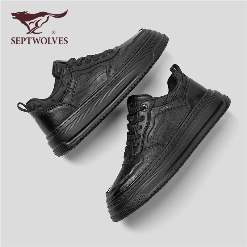 七匹狼正品男鞋秋季时尚百搭全黑色运动板鞋男款增高厚底休闲皮鞋