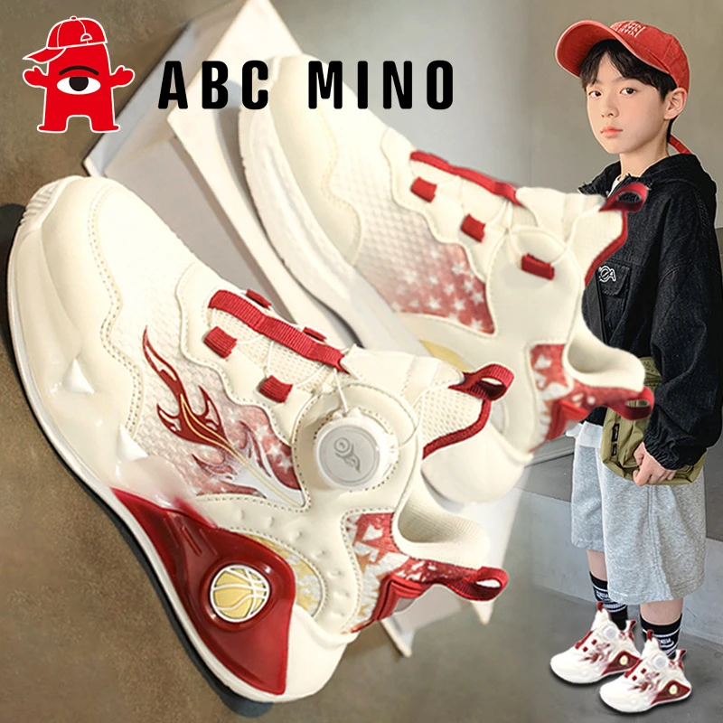 ABC MINO男童鞋子运动鞋秋季轻便软底小白鞋儿童网面篮球鞋旋转扣