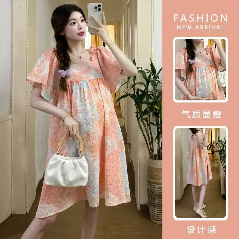 孕妇连衣裙2025新款夏季桔红色方领泡泡短袖薄款时尚宽松中长款女