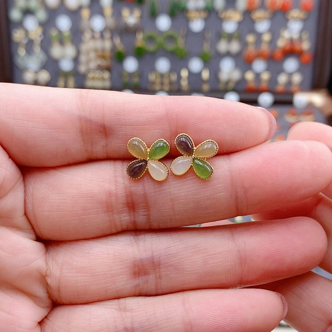 和田玉银S925镶嵌耳饰