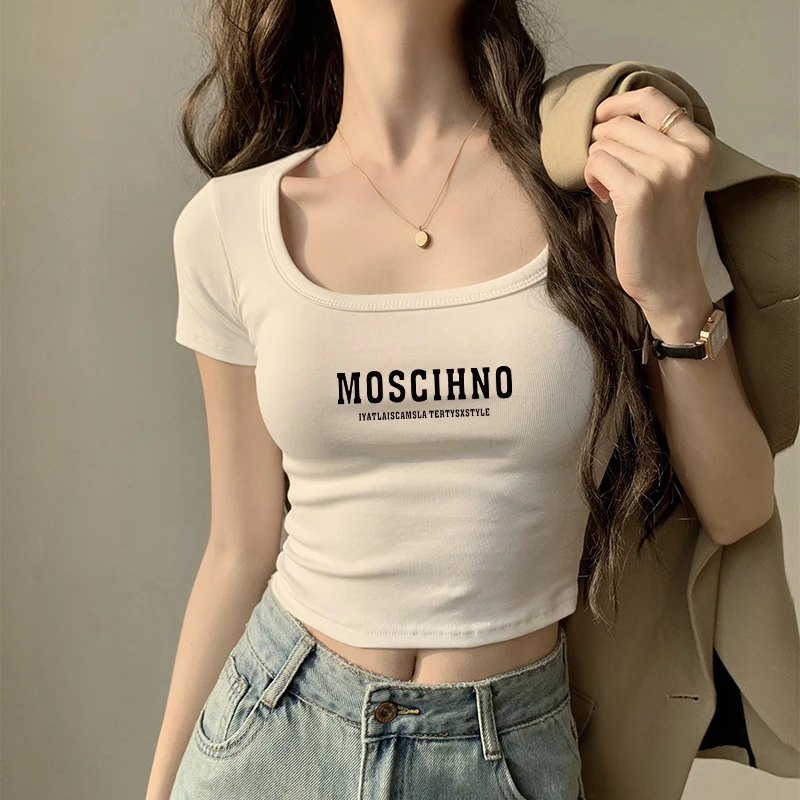 正肩白色短袖T恤女夏季2025新款小个子短款露脐U领白色修身t恤女