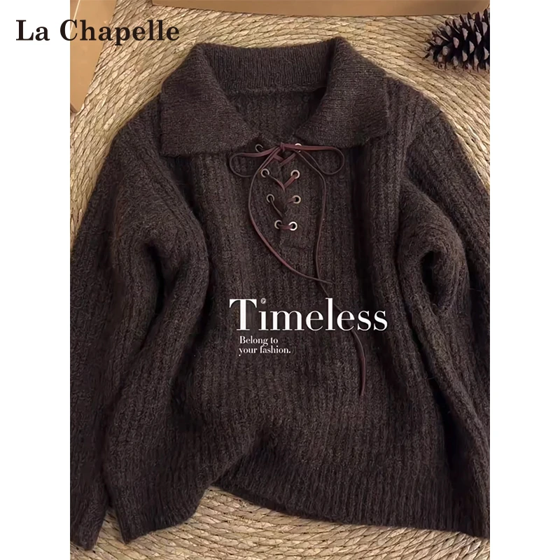 拉夏贝尔复古绑带针织衫女秋冬polo领宽松显瘦加厚巨好看毛衣上衣