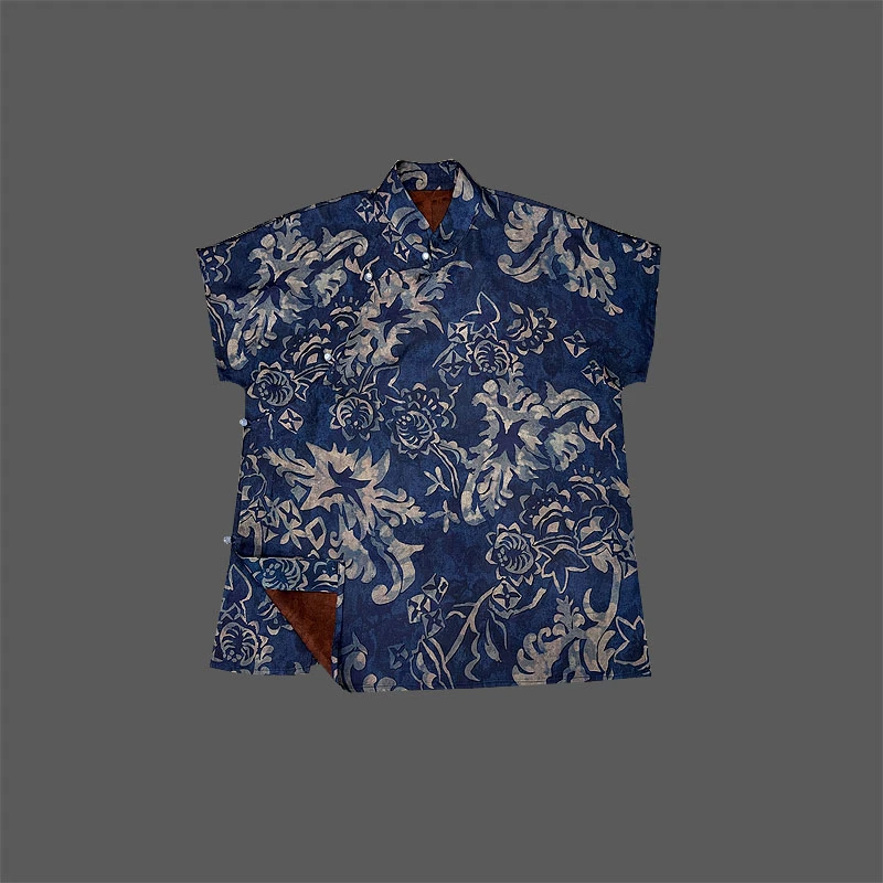 2025青花瓷新中式立领盘扣短袖衬衫套装女宽松显瘦设计师款碎花