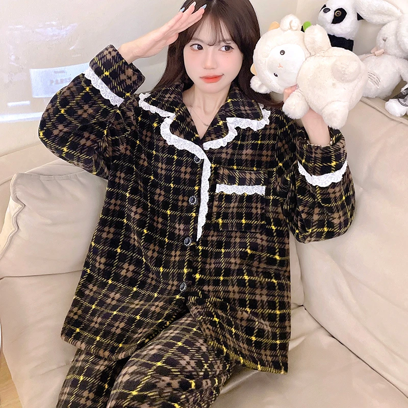 睡衣女秋冬季加厚套装家居服保暖长袖春秋新款珊瑚绒法兰绒可外穿
