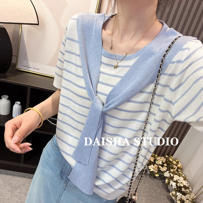 【蓝白条纹披肩t恤】韩系宽松百搭时尚洋气夏季新款短袖针织衫上衣