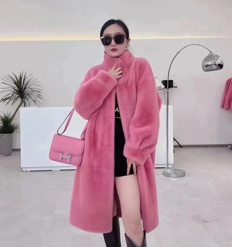 仿貂绒皮毛一体长款立领大衣宽松毛毛外套