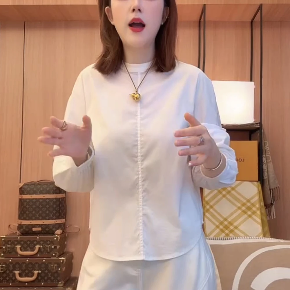 秋季新款女白色圆领长袖衬衫轻奢高级感宽松显瘦减龄洋气衬衣上衣