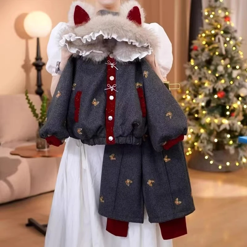 女童加绒加厚年服套装冬季2025新款潮儿童冬装女孩蝴蝶刺绣两件套