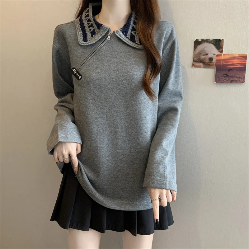 大码遮肚子设计感拉链POLO领卫衣女春秋胖妹妹宽松显瘦正肩打底衫