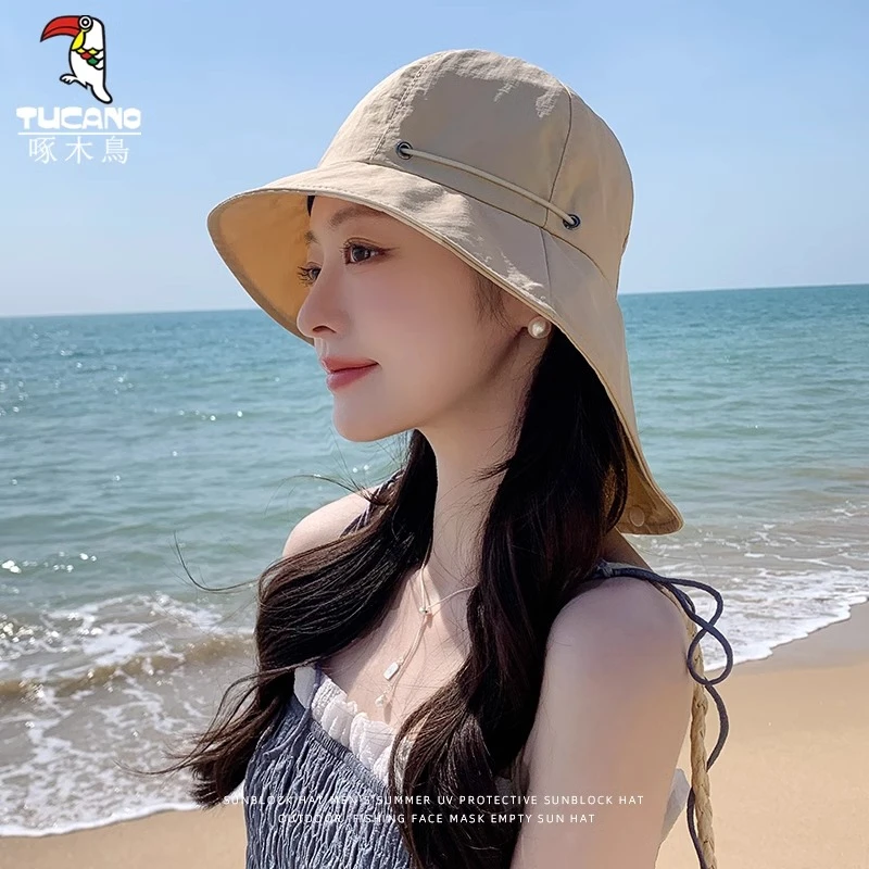 啄木鸟渔夫帽女2025新款夏季防紫外线遮阳帽户外遮脸百搭防晒帽子