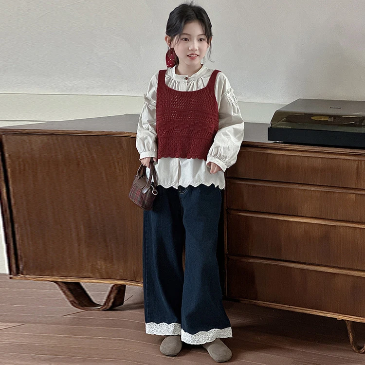 女童春装森系甜美针织马甲衬衫套装2025儿童洋气春秋阔腿裤三件套