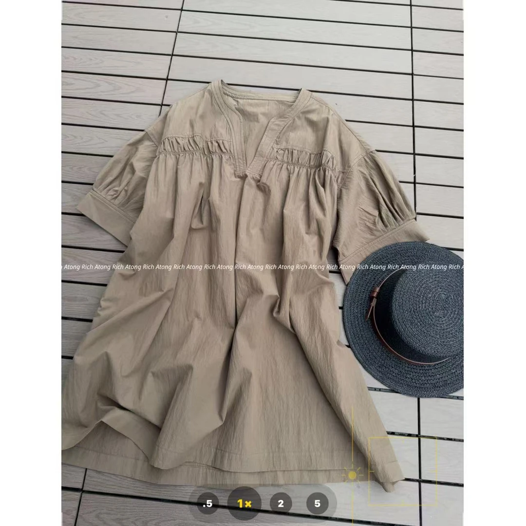 atong/阿彤-【小v领】-2025 夏季V领欧货褶皱小衫连衣裙0516-24