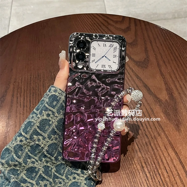 适用华为novaflip手机壳新款折叠屏奢华电镀褶皱渐变色链子保护套