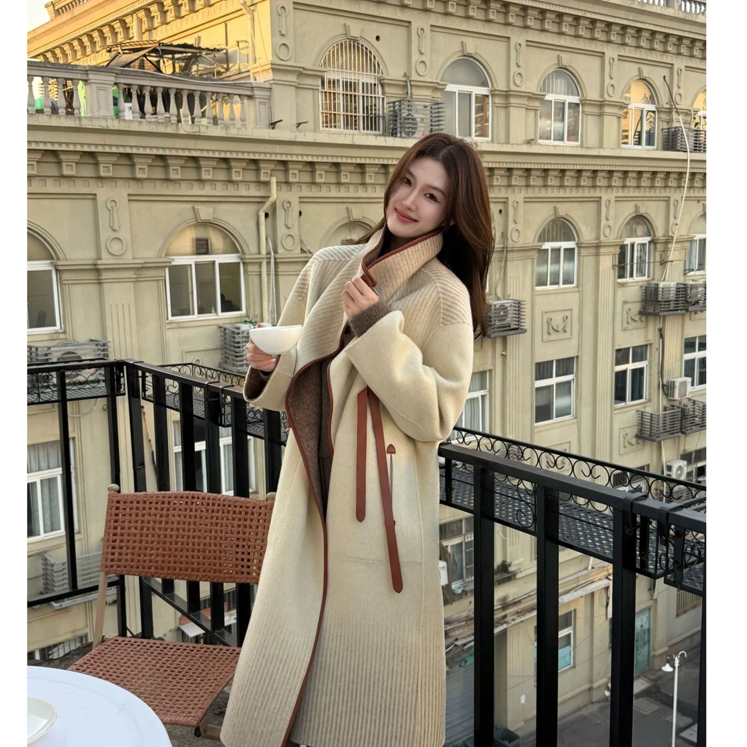 THE ARENA“蒙德里安”双面色织渐变混色羊毛拼皮包边大衣FA5198C-1