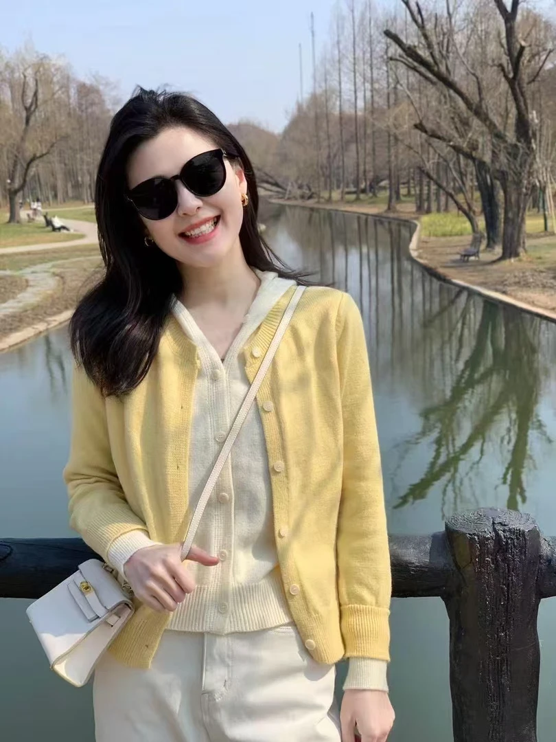 2025春季新款韩系气质连帽假两件针织衫女高腰百搭休闲裤两件套装