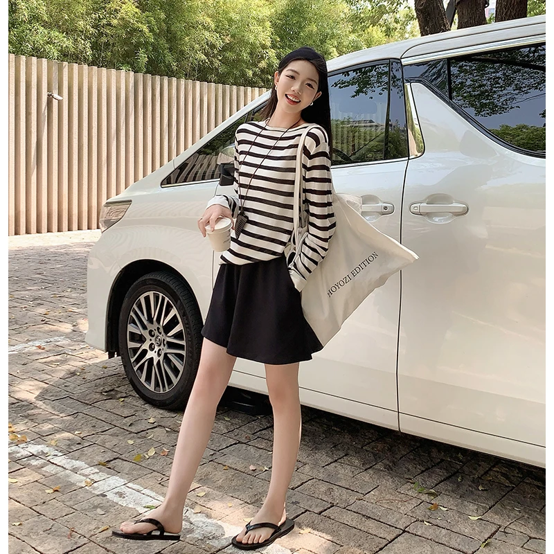 美洋MEIYANG 撞色条纹T恤 天丝羊毛_优雅一字领夹色针织衫