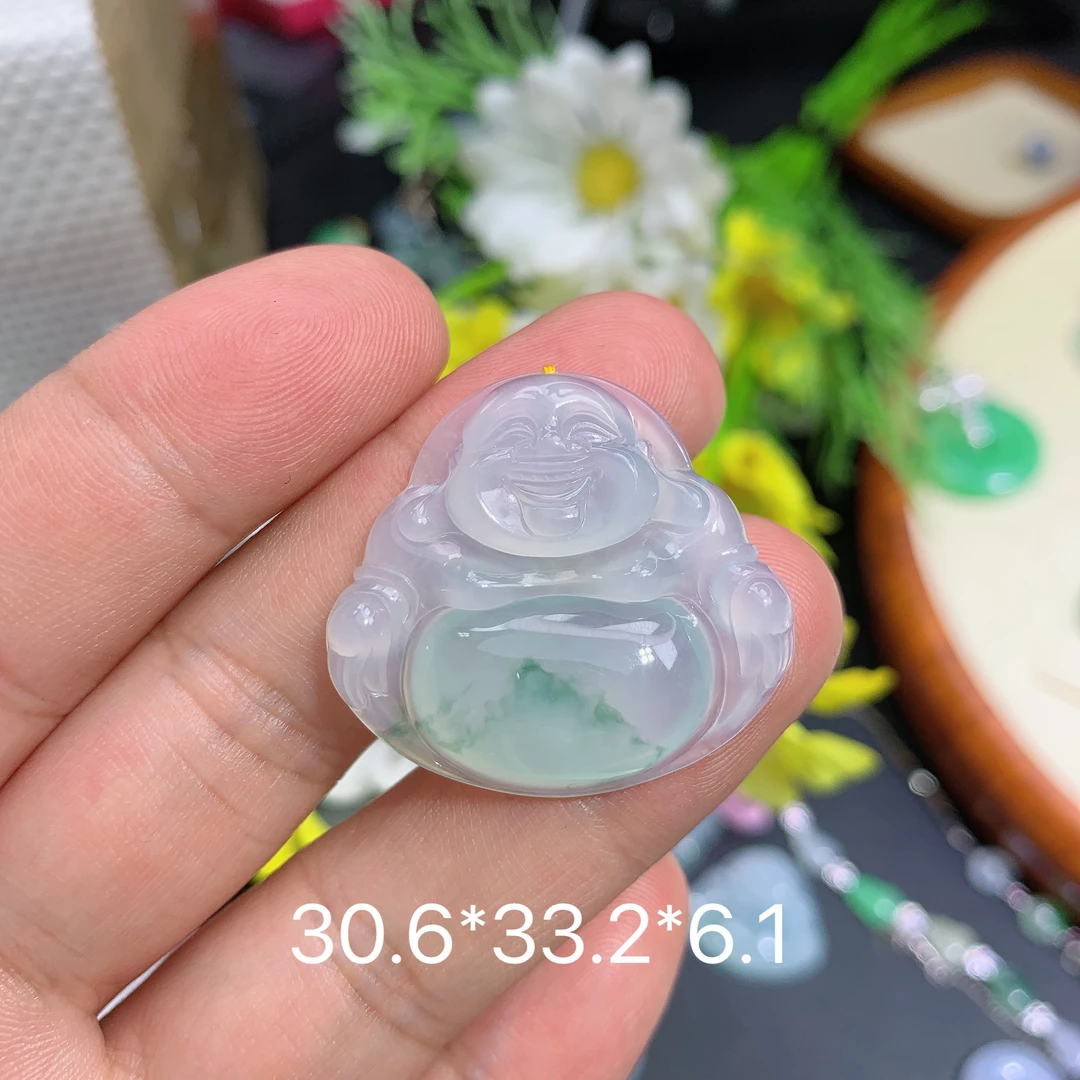 天然缅甸翡翠A货飘花佛公阁吊坠种老水足气质百搭精雕精美百