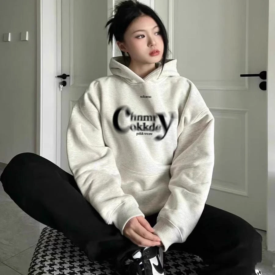 美式hiphop潮牌字母加绒加厚卫衣女秋冬宽松慵懒风连帽外套情侣装