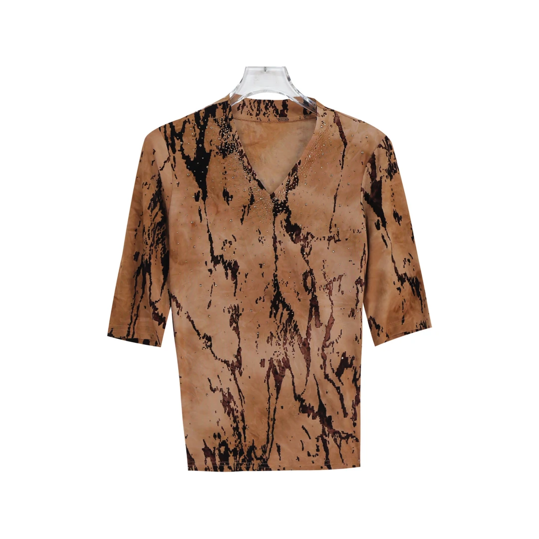 夏季新款洋气V领中袖弹力烧花烫钻减龄打底衫上衣S1325