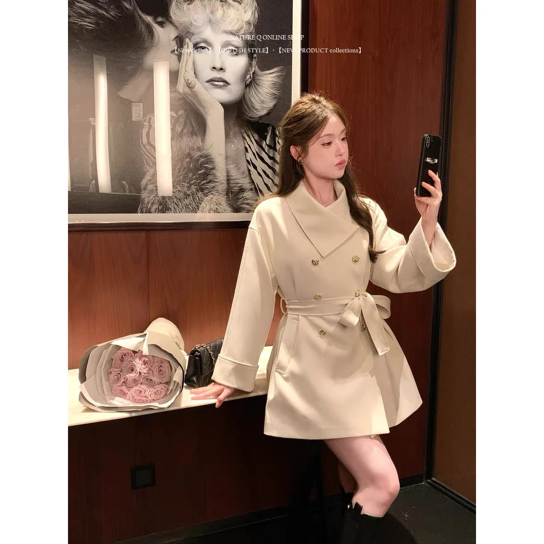 溪溪靓衫高智千金感系带收腰短款风衣白色外套女高级感长款大衣秋