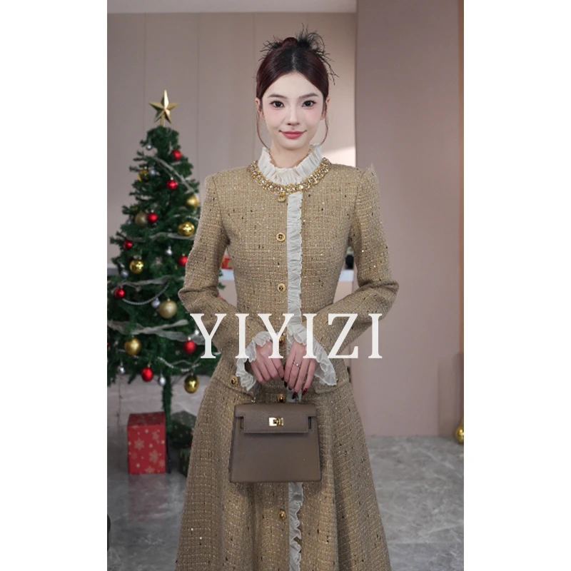 依依子【港岛星河】黄色小香风连衣裙女冬季高定系列重工气质裙子潮