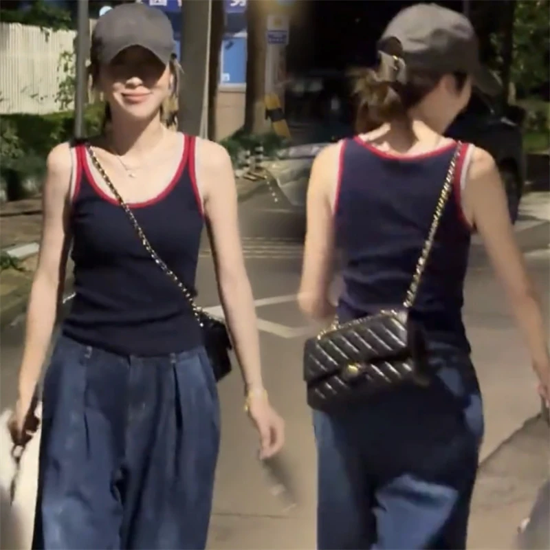 美式撞色拼接吊带背心女2025夏季修身显瘦百搭无袖U领打底衫上衣