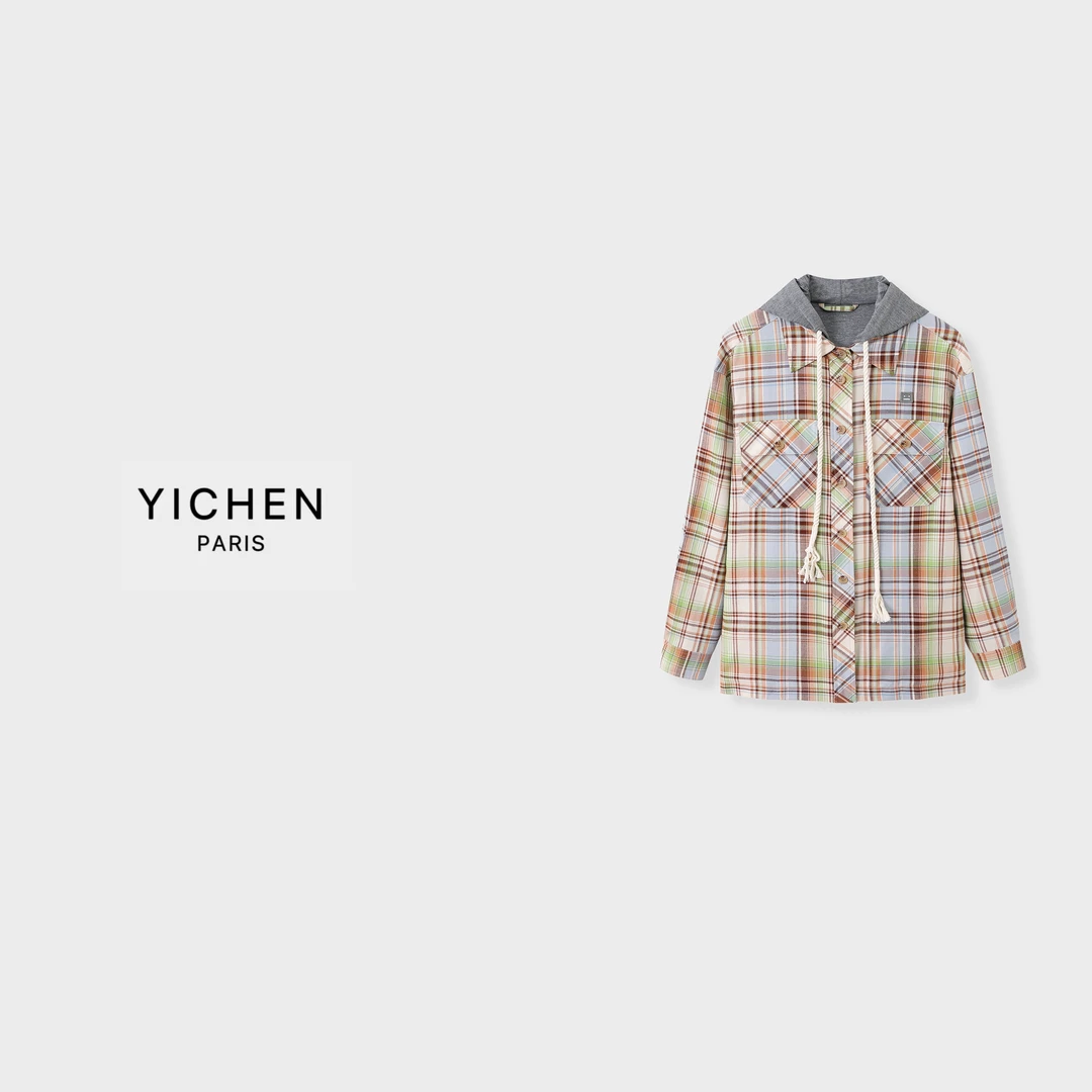 YC 彩色格纹双口袋连帽抽绳衬衫款外套-1846