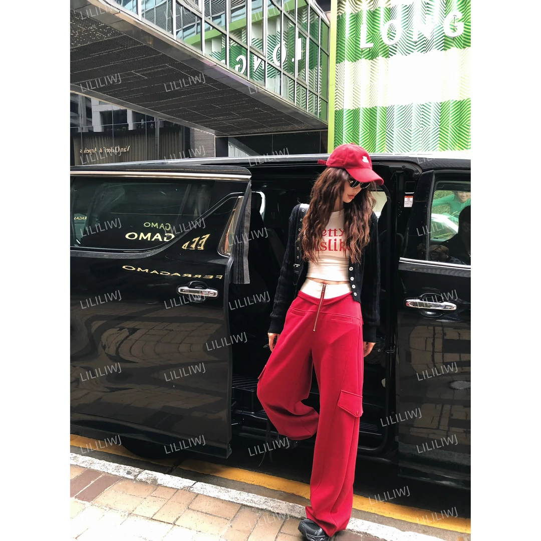 婉君【拼接腰头】早春韩版拉链显瘦阔腿宽松休闲裤LWJ25A1K038